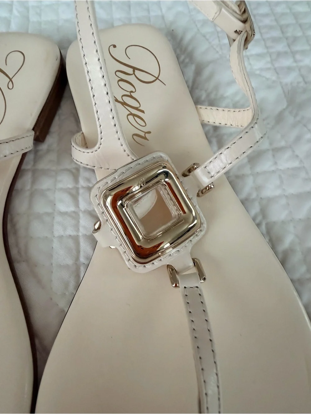 Roger Vivier Ivory Leather T-Strap Sandals with Gold Buckles